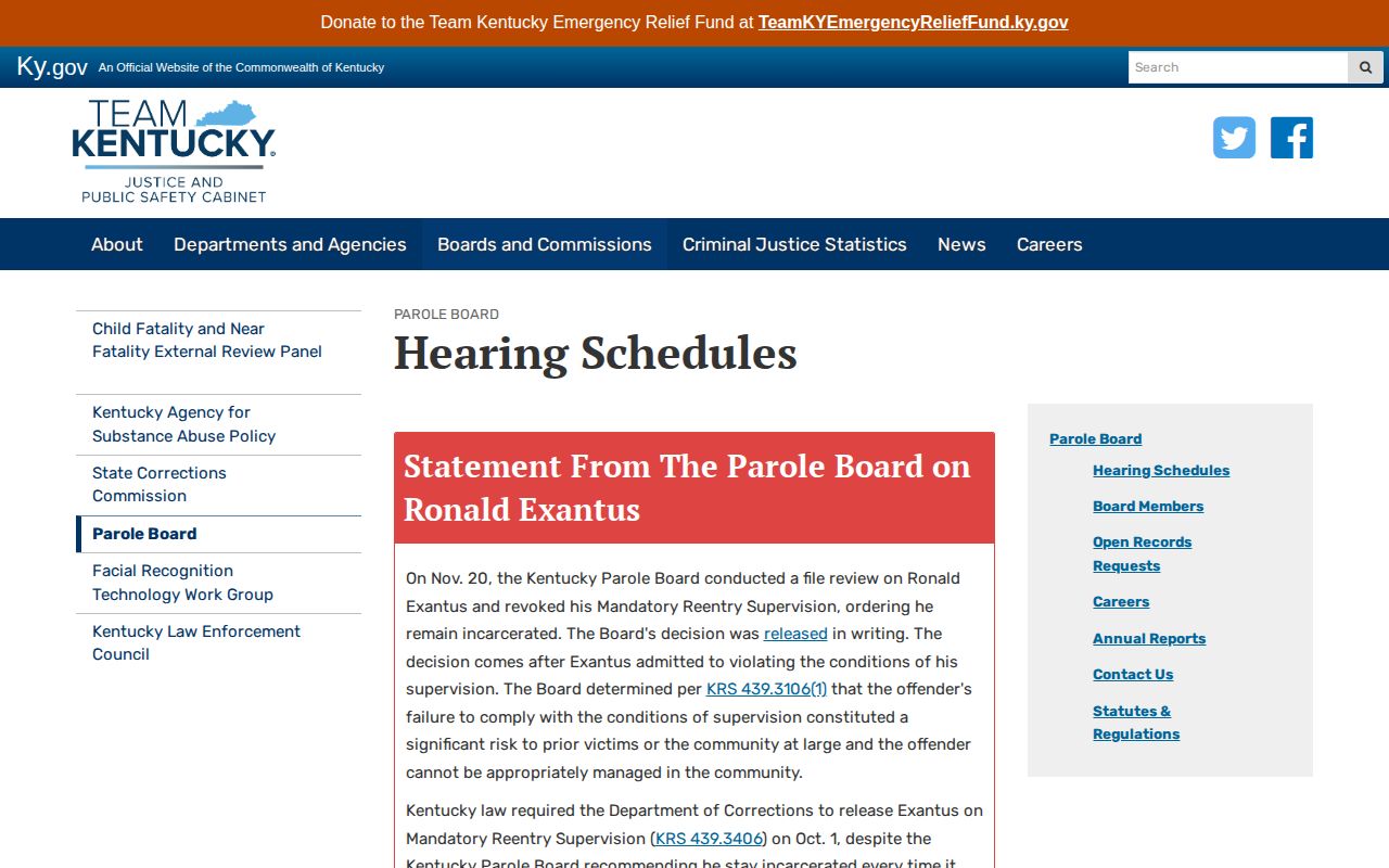 Kentucky Parole Board schedules and eligibility page used for Pulaski County parole checks