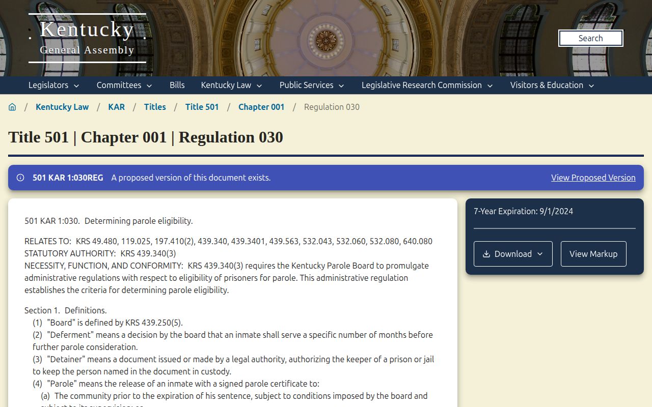 Kentucky parole eligibility regulation for Pulaski County supervision research