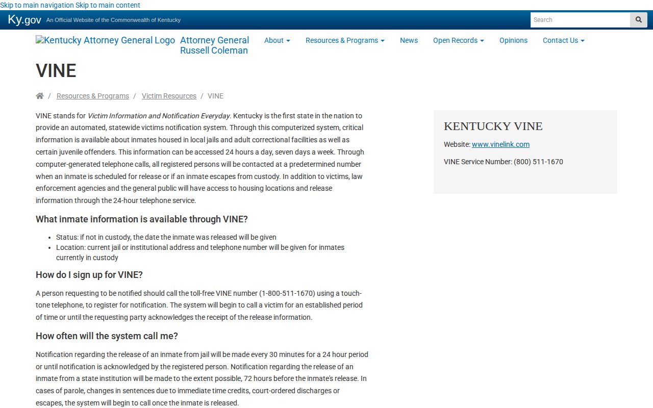 Kentucky Attorney General VINE instructions for Pulaski County release alerts
